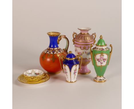 Five hand painted 19th and early 20th century porcelain miniatures - includes Samuel Alcock Hill Pottery printed jug, Royal D