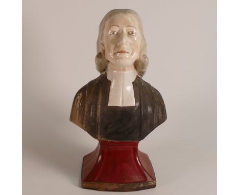 Staffordshire 19th century bust of Rev. John Wesley (1703-1791). After original model by Enoch Wood of 1781. Painted in overg