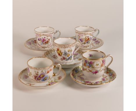 Five German porcelain cups and saucers, inlcudes examples from Richard Klemm, Shumann, the 'Dresden blue crown' mark and two 