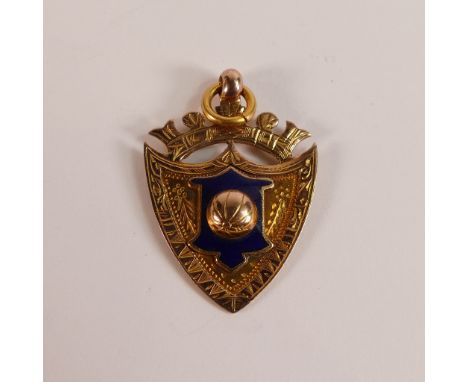 9ct gold &amp; enamel football shield medal, awarded to B &amp; D Coop FC for 1924-25 N.S.H.H.J Cup, 4.6g.