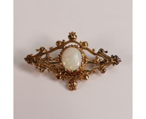 9ct gold ornate bar brooch set with oval opal stone, 4.5 x 2.75cm, 7g.