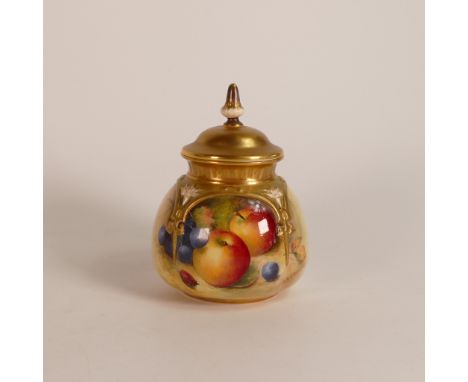 Richard Sebright for Royal Worcester, porcelain lidded pot with hand painted fruit scenes. Signed lower right. 'R Sebright'. 