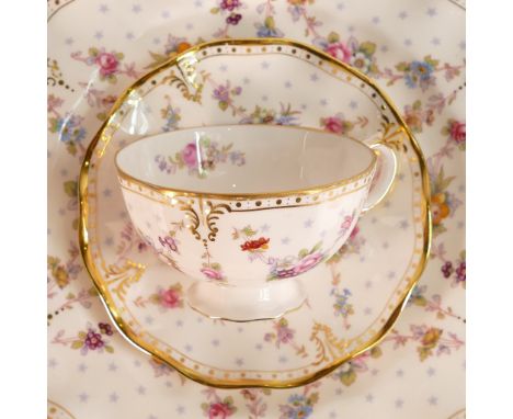 Royal Crown Derby Royal Antoinette pattern part tea service comprising of tea pot, 6 dinner plates, 6 side plates, 7 cups, 6 