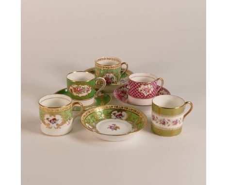 Three Cauldon coffee cans and saucers together with one orphaned lime green can together with additional Aynsley coffee can a
