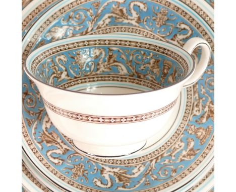 Wedgwood, Blue Florentine tea set includes tea pot, milk jug, open sugar bowl, six tea cups, five saucers, six side plates (2