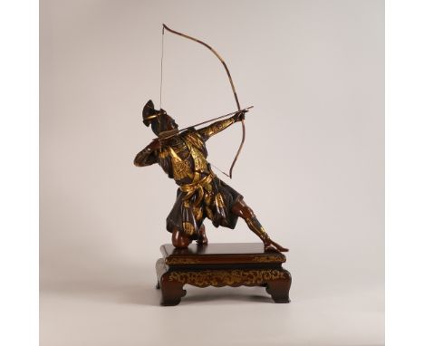 Meiji Period (1868-1912), Masamitu (Shoko), Miya-O style parcel gilt bronze figure of an archer drawing his bow. In four piec