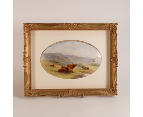 M H Fine Art ceramic oval plaque hand painted with Highland Cattle by ex Royal Worcester artist Milwyn Holloway in gilded fra