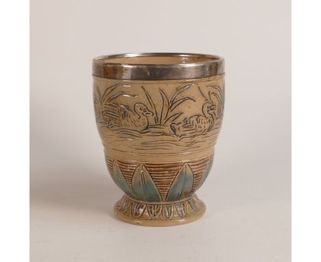 Hannah Barlow for Doulton Lambeth, a Stoneware footed cup with hallmarked silver rim, incised decoration all around with duck