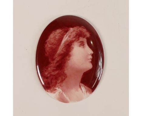 Doulton Burslem, porcelain portrait plaque depicting pre-Raphaelite type female portrait. Printed green 'Doulton Burslem' bac