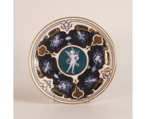 French Pate-sur-Pate shallow plate, decorated after Sevres. with Flemish scroll gilt cartouche with cupid and lyre central re