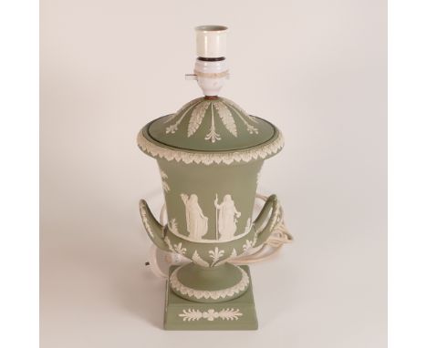 Wedgwood white on sage green Jasper large twin handled Neoclassical Campana urn shaped lamp. Height  35cm.