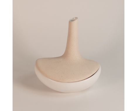 Boxed Anissa Kermiche speckled cream topped ceramic jewellery box/vase. Height 20cm x 20cm wide