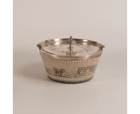 Hannah Barlow for Doulton Lambeth, a Stoneware jar with silver plated handle and lid, marked Mappin brothers, incised decorat