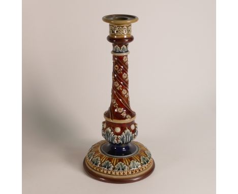 Doulton Lambeth, Stoneware candlestick. Acanthus and floral decoration to base and body. Impressed 'Doulton Lambeth' backstam