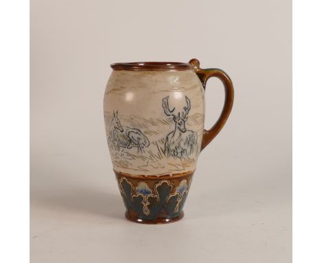 Hannah Barlow for Doulton Lambeth, a Stoneware small ewer, incised decoration all around with deer and stags, h.10cm, r.