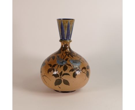 Florence Barlow for Doulton Lambeth, a Stoneware vase decorated with Pate-sur-Pate birds perched on branches, h26.5cm, r.