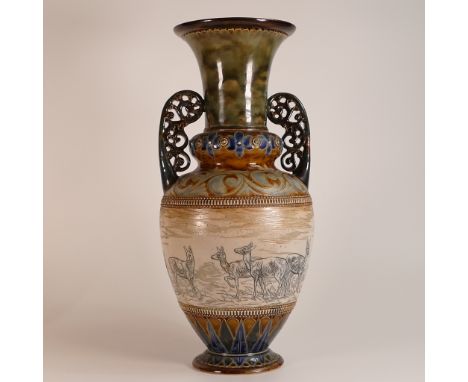Hannah Barlow for Doulton Lambeth, large twin handled Stoneware vase. Incised Deer scene to central body with incised geometr
