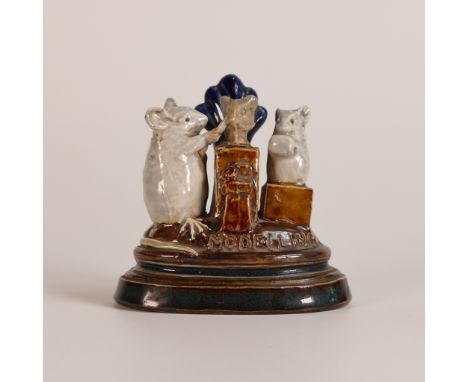 George Tinworth for Doulton Lambeth, a stoneware comical mouse group menu holder, titled "Modelling" depicting a mouse with t