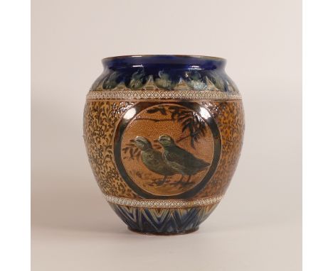 Florence Barlow for Doulton Lambeth, a Stoneware Jardinière decorated with three panels of various sea birds, scrolling folia