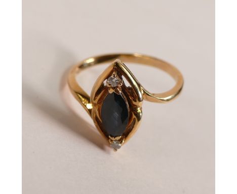 18ct gold sapphire and diamond ring, centre oval blue sapphire with diamond ether side, size P, 4.5g.