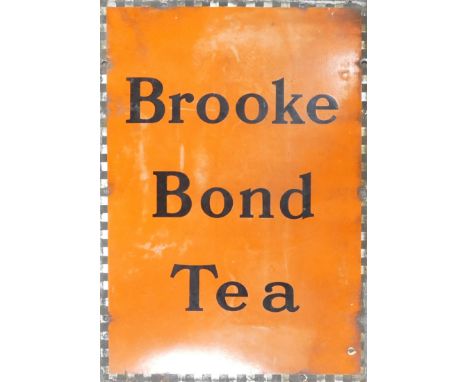 Brooke Bond Tea enamel advertising sign. Orange background with checkered border. Height: 76cm Width: 50cm