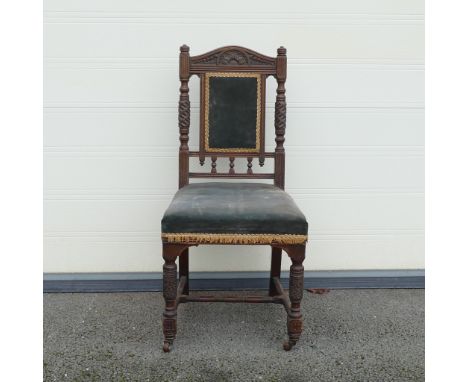 Gillows, Victorian upholstered chair. Deep carved foliate headrest with carved supports and central upholstered panel. Uphols
