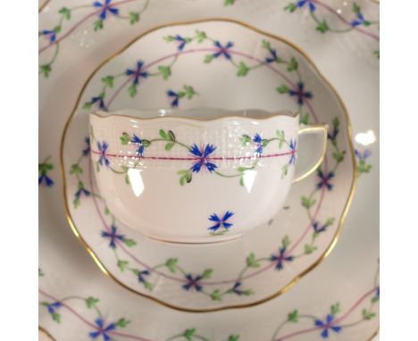 Herend 'Cornflower Blue Garland' pattern tea ware items comprising of two tea pots, 2 x milk jugs, cream jug, 2 breakfast cup