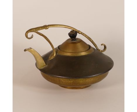 In the manner of Christopher Dresser, Arts &amp; Crafts Copper and Brass tea pot. Turned ebonised wooden finial lid. Some den