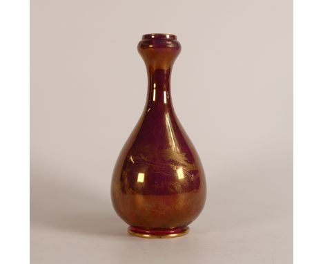 Likely Pilkington Lancastrian, early 20th century purple Lustre vase with gilt fish designs. Height: 19cm