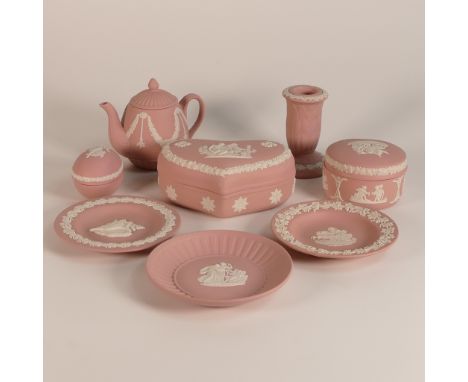 Wegdwood, eight pink Jasperware items including miniature tea pot, trinket pots, candlestick and dishes (8)