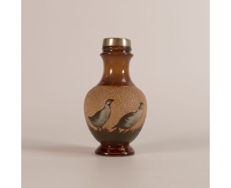 Florence Barlow for Doulton Lambeth, a Stoneware miniature vase, Pate sur Pate decorated all around with partridges, with sil
