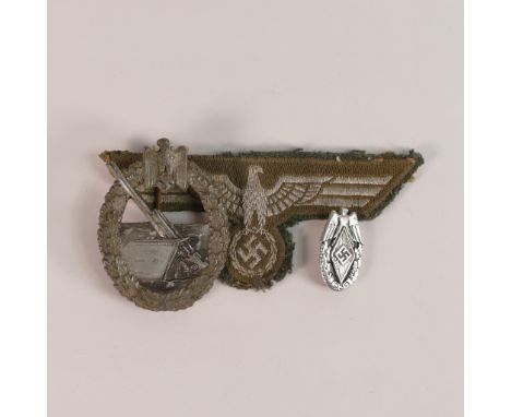 WWII Badges: German Hitler Jungend 1939 Badge, Saarlautern W. Redo. together with a Kriegsmarine Coastal Flak Artillery Badge