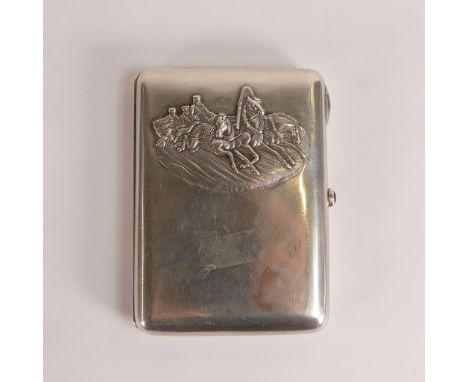 .875 Russian Silver, embossed horse drawn sleigh scene cigarette case. Hallmarks inside to both halves includes 84 combined Z