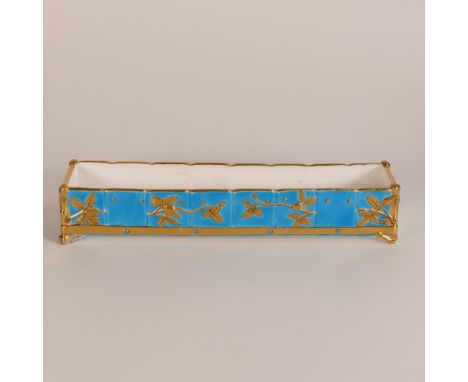 English porcelain rectangular small planter. Light blue ground with gilt highlights and borders. Registered design lozenge ma
