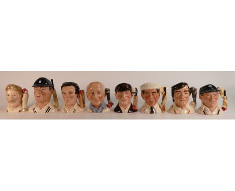 Royal Doulton, eight cricketing small and intermediate character jugs including The Hampshire Cricketer D6739, Denis Compton 