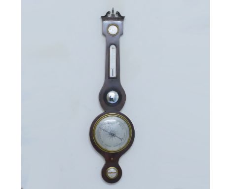 19th century inlaid Barometer of typical form. Silvered dial with brass fittings. Classical architectural pediment. No makers