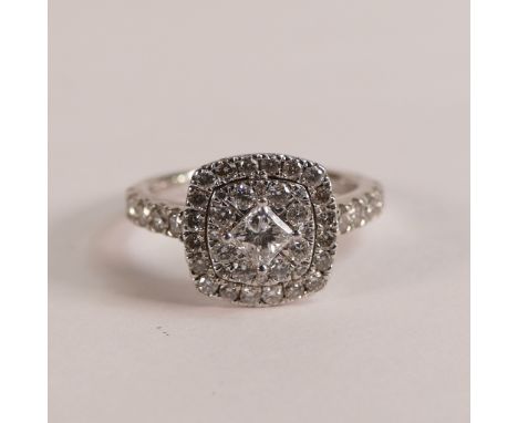 18ct white diamond cluster ring, square set cluster with central .20ct square diamond surrounded by two layers and shoulders 