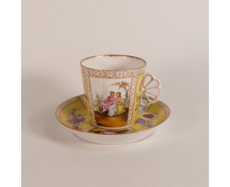Helena Wolfsohn style Dresden Porcelain tea cup, with unusual floral moulded handle. Yellow ground panels with floral sprays 