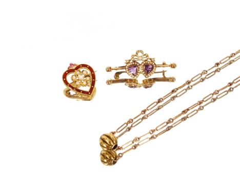 A heart shaped gold, enamel and pearl set pendant brooch; a double heart shaped amethyst and pearl set brooch; and a 9 carat 