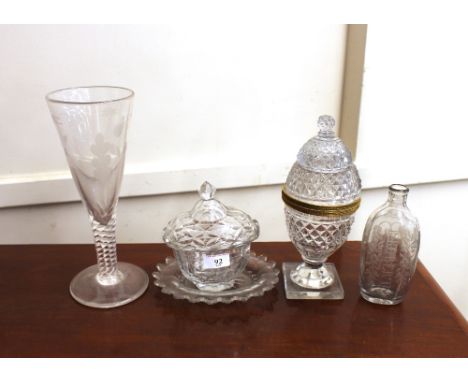 A large cut glass and ormolu mounted sweet meat jar and cover, with hob-nail decoration AF; a Georgian heavy glass bowl and c