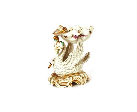 A Samson porcelain salt, in the Meissen style depicting a large shell supported on a swan's back, (some damage); a Flight Bar