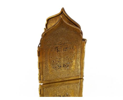 An 18th Century four fold Russian brass and enamel travelling icon, with fine detailled decorated, 16cm high