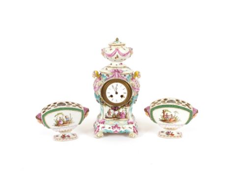 A 19th Century German porcelain clock garniture, decorated with scenes of romantic couples and foliate sprays, heightened in 