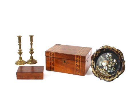 A Victorian burr walnut Tunbridge ware banded jewellery box; a small Indian hardwood brass inlaid trinket box; a pair of Vict