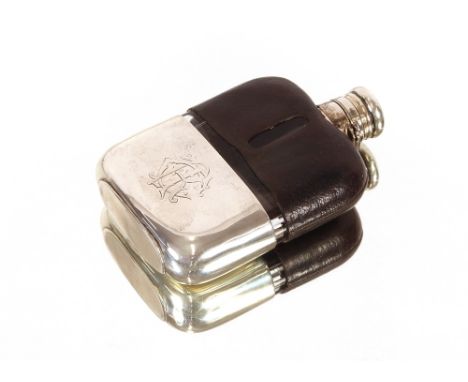 A late Victorian hip flask, with leather mount, having detachable silver cup and lid, Sheffield 1896