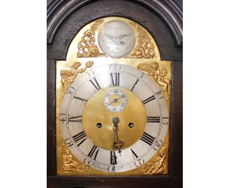Wm Elsegood of Norwich,&nbsp;carved oak long case clock, brass and steel spandrel dial inscribed Tempist Fugit, the arched ho
