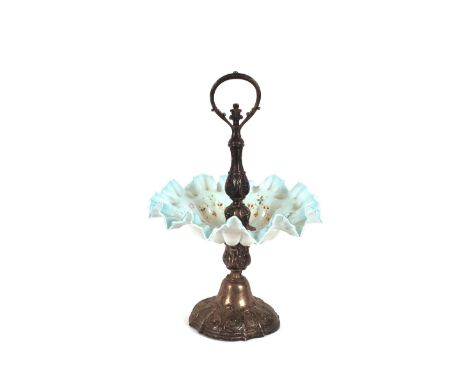 A silver plated and blue opaque glass cake stand, with ring handle, 38cm high