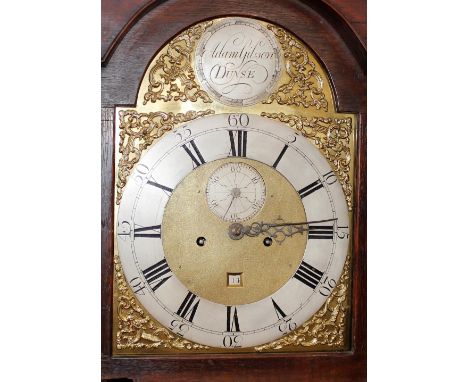 A Georgian oak long case clock, the arched hood enclosing brass spandrel dial with steel chapter rings, by Adam Gibson of Dun