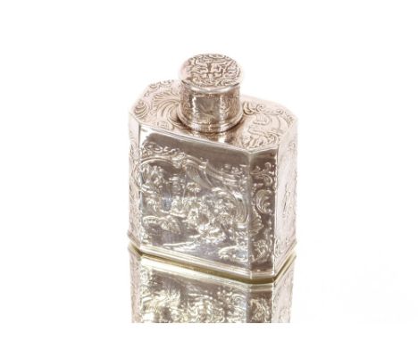 A Dutch silver caddy, decorated with figures in an exotic garden amongst foliage scrolls, detachable lid, import marks London