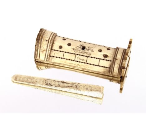 An Antique bone cribbage board, with scrimmed decoration of a sailing ship, inscribed "Emma"; and an Antique whale bone fid w